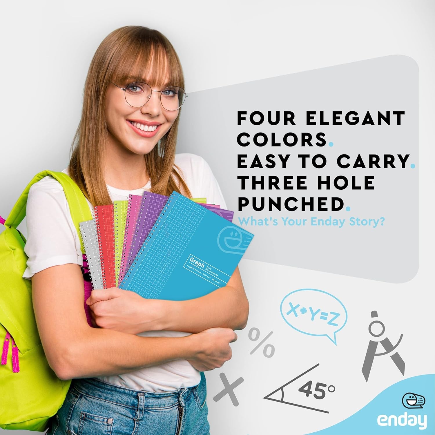 Quad Ruled Notebook Spiral with White Paper - Set Includes: Blue, Black, Yellow, & Green Covers (12 Pack)