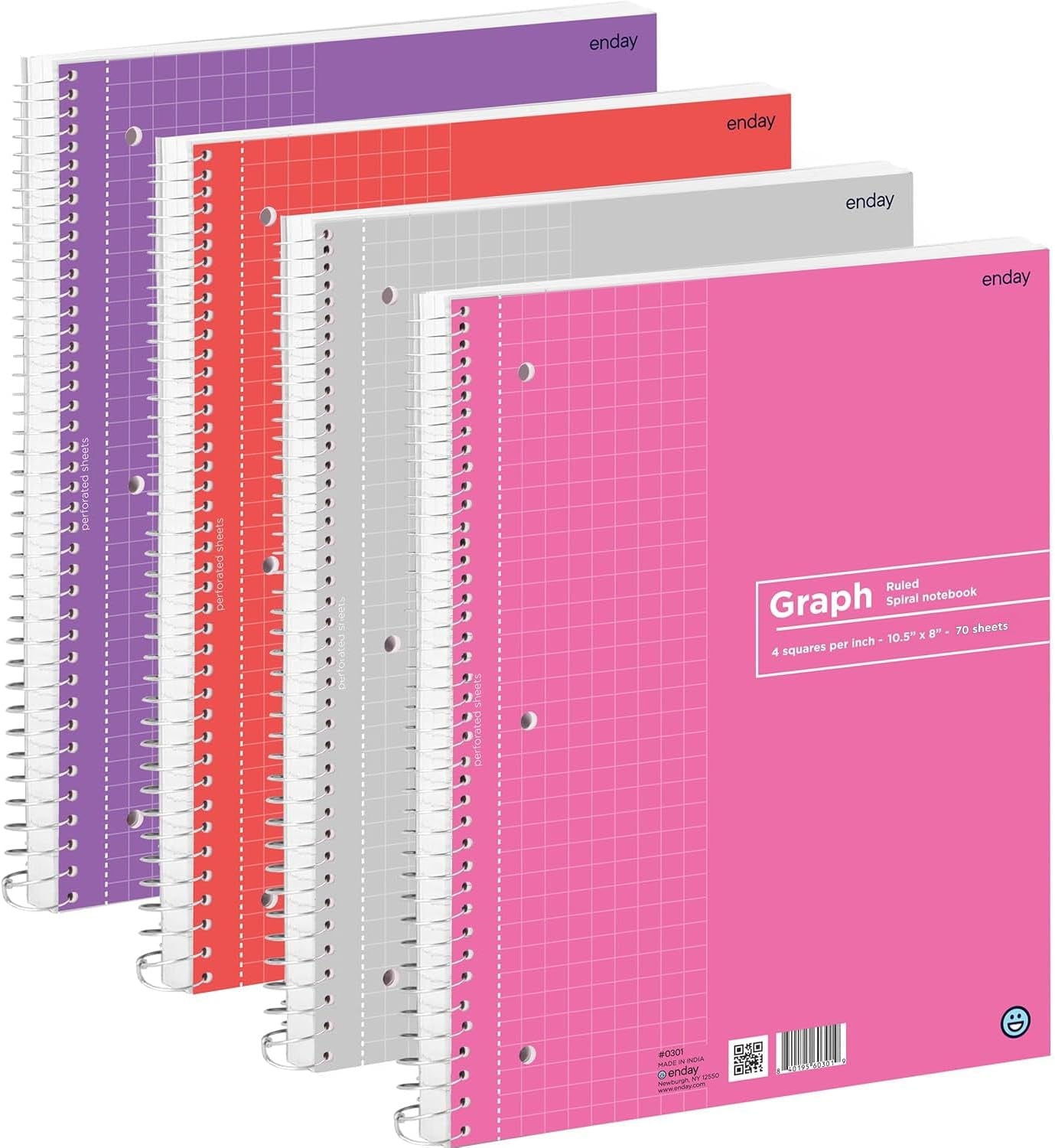 Quad Ruled Notebook Spiral with White Paper - Set Includes: Blue, Black, Yellow, & Green Covers (12 Pack)