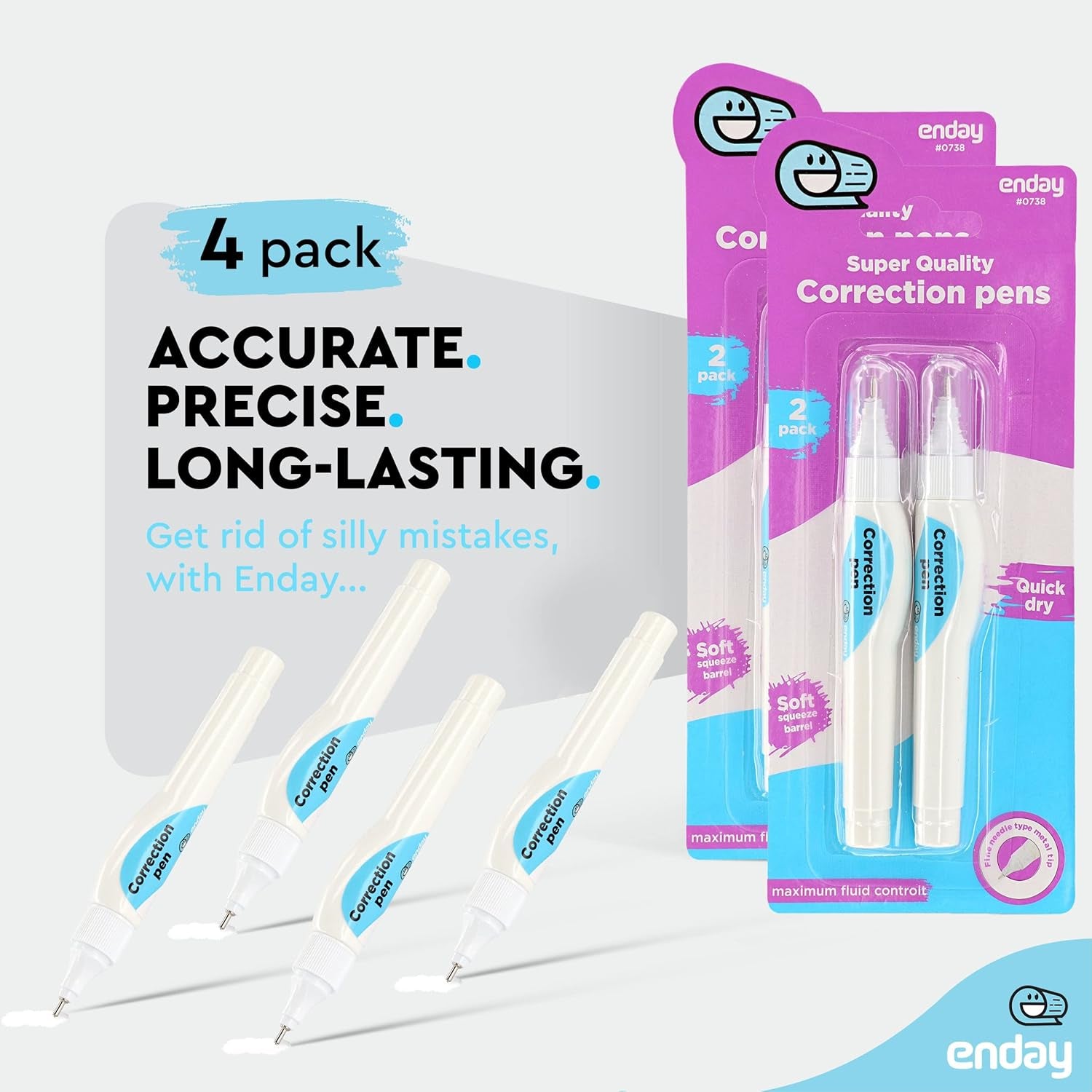 Correction Pen (4 Pack) White Out Pen - 0.2 Fl Oz (7 Ml) Metal Tip Whiteout Pen, White Out Pens by Enday