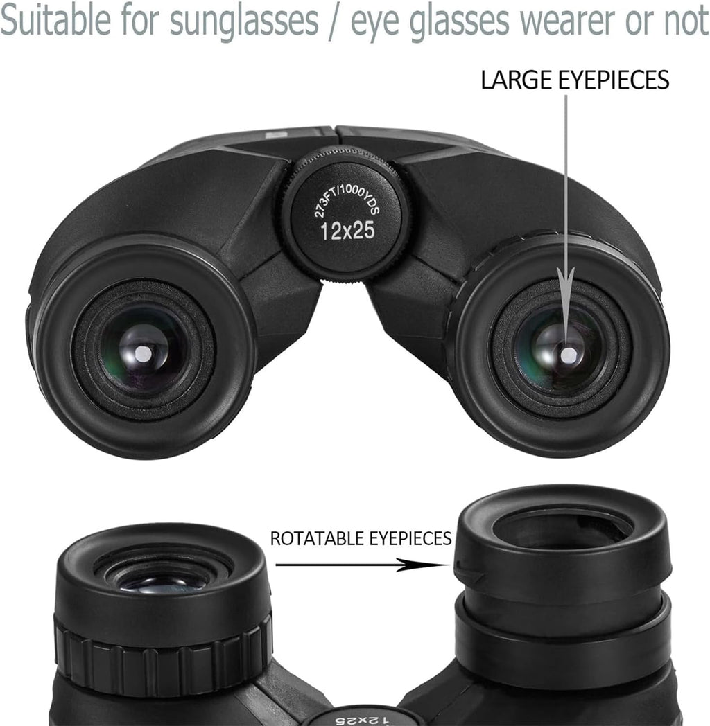 12X25 Compact Binoculars for Adults and Kids, Large Eyepiece Waterproof Binocular with Low Light Vision,High Powered Easy Focus Binoculars for Bird Watching,Outdoor Hunting,Travel,Sightseeing